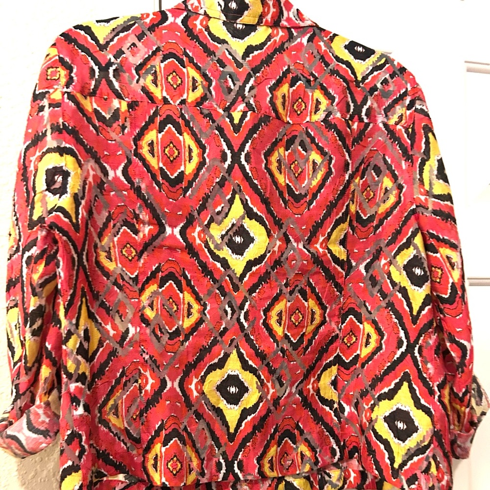 Ruby Rd. Red Yellow Black Ikat Button-Front Blouse - Picture 2 of 7